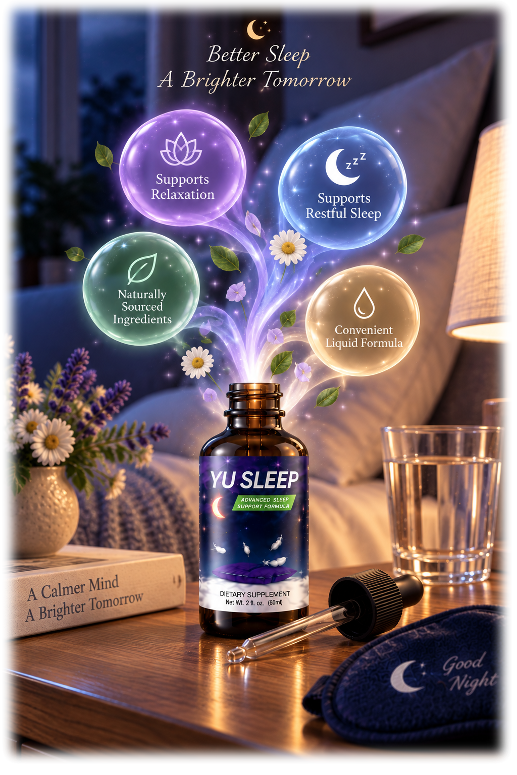 Yu Sleep bottle with floating benefit bubbles for relaxation, restful sleep, natural ingredients and liquid formula
