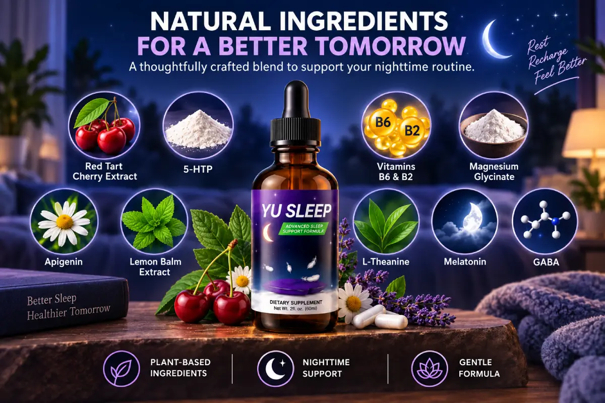 Yu Sleep ingredients including red tart cherry extract, 5-HTP, magnesium glycinate, L-theanine and melatonin
